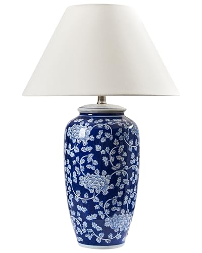 Beliani Lampe à Poser en Porcelaine avec Motif Abat-Jour en Lin en Forme de Tambour Éclairage Chambre Salon Élégant Bleu et Blanc Angeles
