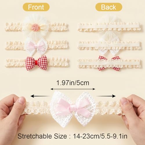 Image of SNOWIE SOFT 3-Piece Baby Girl Lace Headband Set with Tulle Flower, Pink Satin Bow & Red Gingham Bow Soft Stretch Elastic Hair Accessories for Newborns & Toddlers, Photo Props, Parties & Everyday