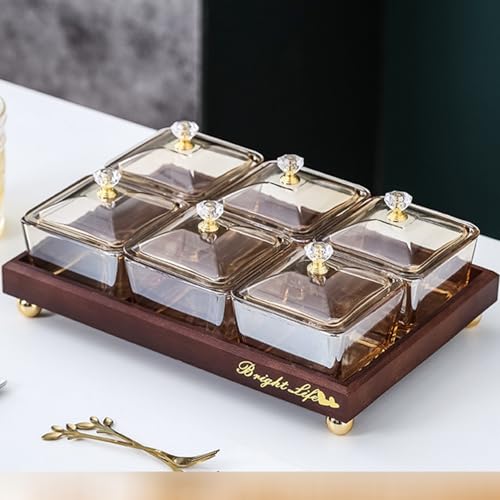 スナック皿 お菓子収納ボックス お菓子皿 卓上用 フルーツ用ボウル 大容量 お菓子・果物収納 食品保存容器 ガラス コンパートメント 蓋付き 収納 防塵 防湿 使用便利 食品貯蔵保存容器 プレゼント 6仕切り