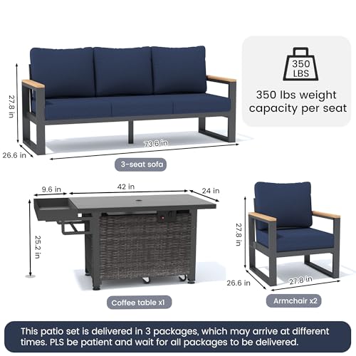 Image of Sundale Outdoor Aluminum Patio Furniture Set, 4 Piece Outdoor Conversation Sets with Fire Pit, Ottoman and Washable Thick Cushions, All Weather Outdoor Sectional Set for Deck, Lawn (Navy Blue)
