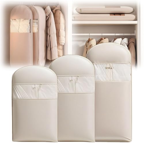 Space Saving Hanging Garment Bag with Self Compression Zipper,Space Saver Closet Organizers,Dust Cover Clothes Bags for Down Coat (Beige, (Medium+Large+X-Large)3Pcs)