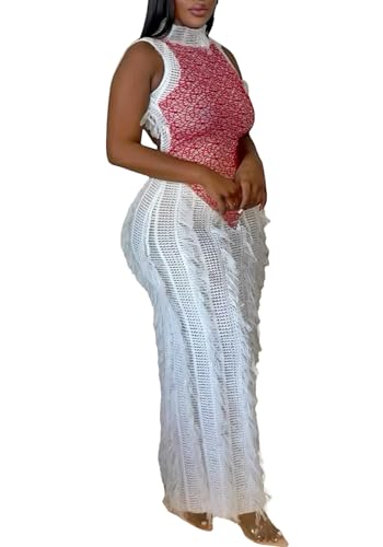 Image of Geulis Women's Sexy Fringe Bodycon Dress Summer Backless Sleeveless Patchwork Hollow Out Long Maxi Dresses Nigh Out Red