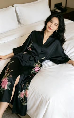 Image of Women's Classic 100% Silk Kimono Robe, Bathrobe-Printed Pattern