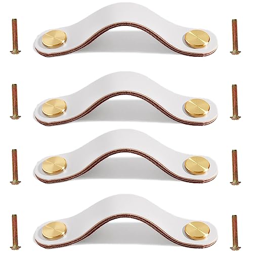 Yuaaoh Maniglie in Pelle per Mobili 4 Pezzi - Pomelli per Cassetti, Armadio, Cucina, Armadietto del Bagno, Comodino, Comò - 16.8cm Bianco Crema