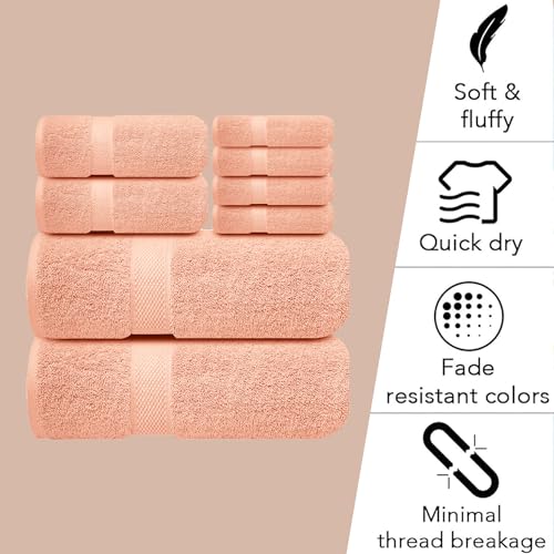 Image of Sulfar 100% Combed Cotton, 8 Pcs Towel Set - 2 Bath Towels (70 x 140 cm), 2 Hand Towels (40 x 70 cm) and 4 Face Towel (30 x 30 cm) (600 GSM, Pack of 8) Tender Peach