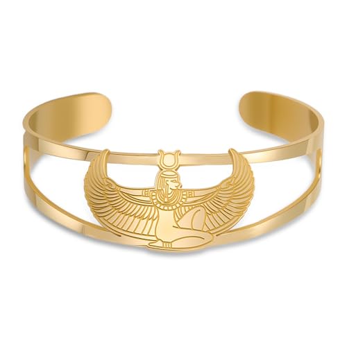 VASSAGO Pulsera de diosa egipcia para mujeres y hombres pulsera de acero inoxidable con símbolo del antiguo Egipto amuleto protección mitología joyería regalos (Oro)
