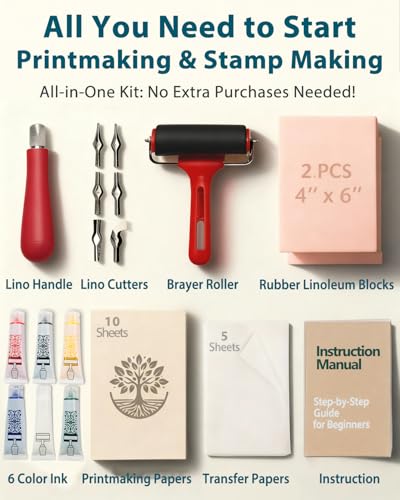 Image of Linocut Tools Block Printing Kit, Deluxe Stamp Carving Printmaking Supplies