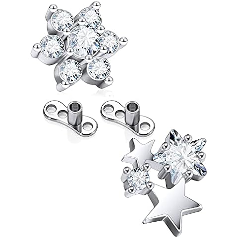 Ftovosyo Cluster Stars & Clear CZ Flower Internally Threaded Dermal Anchor Top and Base Titanium Microdermals Skin Piercing Jewelry for Women Men, Metal Crystal, cubic-zirconia Cover