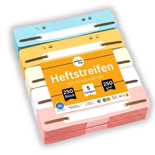 perfect line - 250 Heftstreifen Pappe - Aktendulli aus recycling Karton, 5 Farben - Abheftstreifen Made in Germany - Heftlaschen Blauer Engel zertifiziert