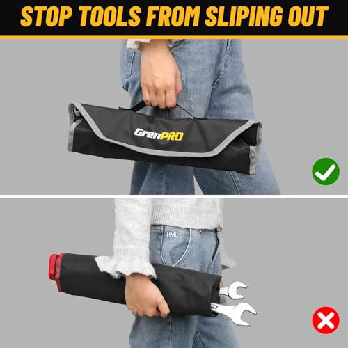 Image of GRENPRO SAE Wrench Set, Large Wrench Set, 7-Piece 15 /16 inch, 1 inch, 1-1 /16 inch, 1-1 /8 inch, 1-3 /16 inch, 1-1 /4 inch Long Big Open End Wrench Tools Set Roll Up Pouch Organizer with Gauge, 12 Point Combination Wrenches Sets