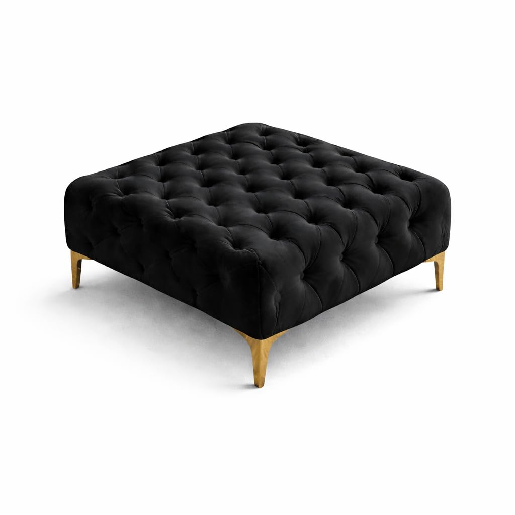 Snooze Monaco 3 and 2 Seater Sofa Sets, Corner Sofas For Living Room, Upholstered Plush Fabric 3 Seater Velvet Sofas (Black Velvet, Square Footstool)