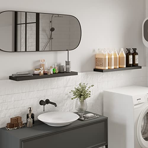 Bameos Floating Shelves, Black Wall Mounted Wooden Shelves With Invisible Brackets Set Of 2, Hanging Wall Shelves Decoration For Bedroom, Bathroom, Living Room And Kitchen #TOP1