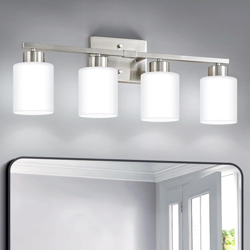 Image of FonmYim Brushed Nickel Bathroom Light Fixtures, 4-Light Modern Vanity Light Over Mirror, Wall Sconces with Milky White Frosted Glass Shades, E26 Socket (Bulbs Not Included)