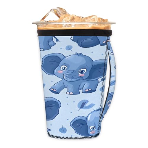 Cute Elephants Leaves Reusable Neoprene Coffee Sleeve with Handle Insulated Iced Coffee Cup Holder Reduces Condensation Fits 24-28 oz Cups M