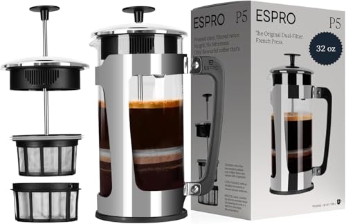 ESPRO P5 French Press Coffee Maker – Patented Double MicroFilter for Grit Free Brew, Heat-Resistant Thicker Borosilicate Glass Coffee Press Easy Clean Design – 32 oz