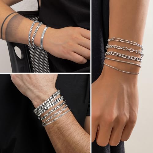 33 Pcs Silver Jewelry Set for Men Stainless Steel Band Ring Stud Hoop Earrings Cuban Link Necklace Bracelet Mens Jewelry Set4