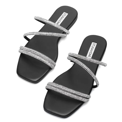 Image of STUNAHOME Women's Rhinestone Thong Flat Sandals Open Toe Slide Sandals with Square Toe Bling Strap