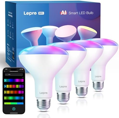 Lepro BR1 AI Smart Light Bulbs, Dimmable BR30 Bulbs, Work with Alexa & Google Home, Music Sync, RGBWW Colour Changing Light Bulb, Flood Light Bulbs, WiFi & Bluetooth Via Lepro App, LLM, E26, 4 Pack