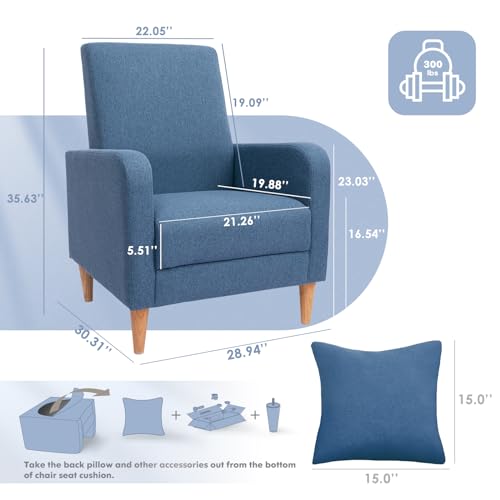 Image of COLAMY Mid-Century Modern Accent Chairs Set of 2, Fabric Upholstered Living Room Chairs with Back Pillow & Solid Wood Legs, Comfy Armchair for Living Room, Bedroom, Single Sofa, Blue