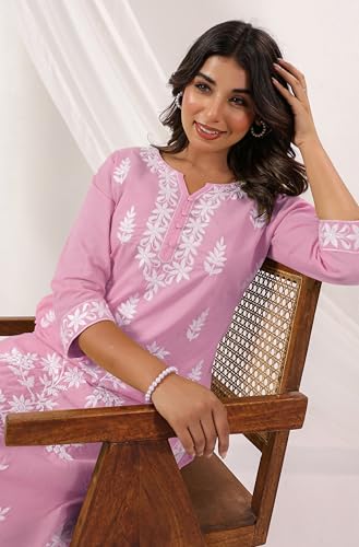 Image of Janasya Women's Pure Cotton Embroidered Straight Kurta
