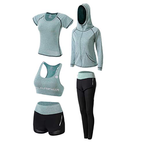 Inlefen fato de treino de mulher ioga roupa desportiva fatos casaco com capuz camisola duas calças Running Athletic 5 peças conjuntos - L verde