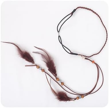 Jumwrit Diadema de plumas bohemia, diadema india, hippie, gitana, tocado con borlas, cuerda de cáñamo ajustable, diadema con cuentas, accesorios