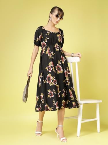 Image of OOMPH! Below Knee Shift Pink Dress in Crepe Fabric with Round Neck and Puff Sleeves - md619l
