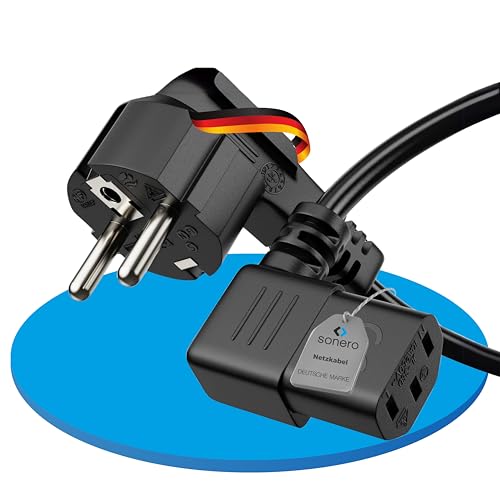 sonero Stromkabel Kaltgerätekabel 3 Polig, 1,0m, Schutzkontakt Stecker Netzstecker auf Kaltgerätekupplung C13 Buchse, 90° Winkel Netzkabel Netzteil Strom Kabel für Monitor PC Drucker, Schwarz