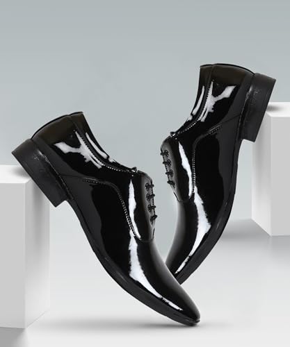 Image of Shoe Island Shining Formal Shoes for Men Black | Oxford Shoes Patent Leatherette | Lace-Up Glossy Formal Shoe for Office | Wedding | Party | (M5404-SY)
