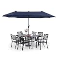 Sophia & William Patio Dining Set with 13ft Double-Sided Patio Umbrella, 8 Piece Metal Outdoor Table Furniture Set with 6 Outdoor Stackable Chairs, 1 Rectangle Dining Table and 1 Large Navy Umbrella