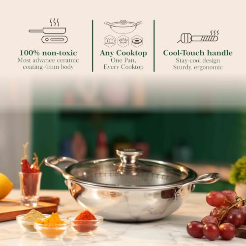 Image of The Chef Story Triply | Honeycomb Deep Kadai with Lid | Quantaseal Technology | Tri-Geo Series | 5* Years Warranty (24cm)