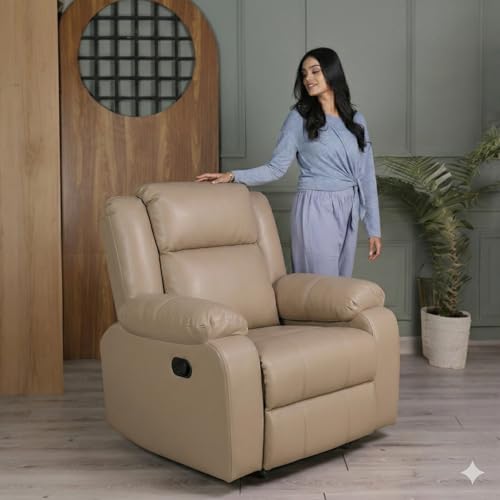 Image of Solis Royale 1 Seater Recliner Sofa Chair | Manual Recliner Lounge Sofa Chairs for Relaxing | Comfortable Cushioned | Living Room Bedroom Home, Office (Classy Calm - Beige, Classy Calm - Leatherette)