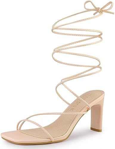 Allegra K Women's Lace Up Strappy Block High Heel Beige Sandals 6 M US