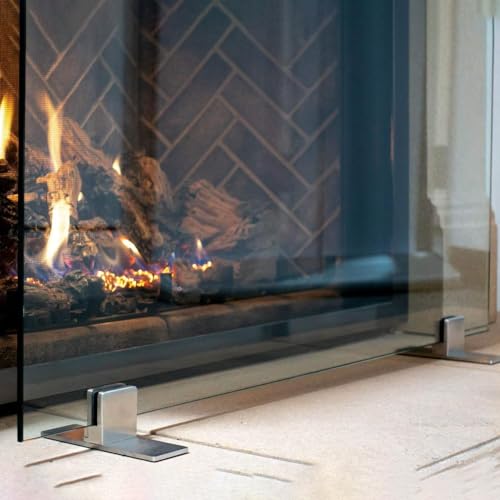 Image of AMS Fireplace | Manhattan Modern Freestanding Frameless Clear Glass Fireplace Screen with Polished Metal Stainless Steel Feet Base (Small Size: 36 inch W X 26 inch H)