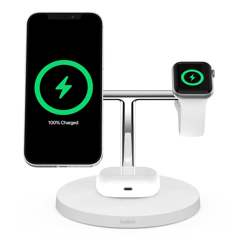 Belkin BoostCharge PRO bezprzewodowa ładowarka 3 w 1 z MagSafe do iPhone 12 + Apple Watch + AirPods (ładuje iPhone 12 modele magnetycznie do 15 W)