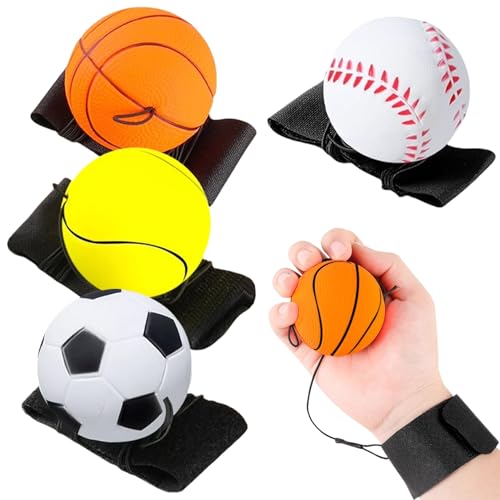 4 Stücke Springball mit Schnur Kinder,Tennisball mit Schnur,Ball an Schnur Kinder,Bounce Ball,Ballmit Gummiband,Moonball mit Band fürKinder,Erwachsene Spielen&Handgelenkübungen,Langlebiges Material