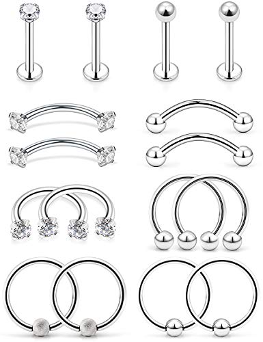 Lcolyoli 8 Pairs Stainless Steel Tragus Earring Clear Diamond CZ Forward Helix Hoop Cartilage Earring Studs Eyebrow Barbell Lip Labret Rings Body Piercing Jewelry Kit for Women Men