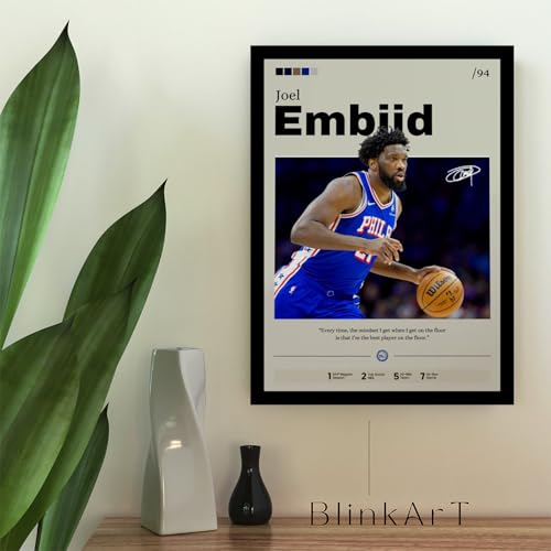 Image of BLINKART Joel Embiid | Nba Basketball Player | Synthetic Wood Photo Framed Wall Hanging Poster For Room & Office Bedroom Living Boys And Girl Room Home Wall Hanging | 12x18 Inches