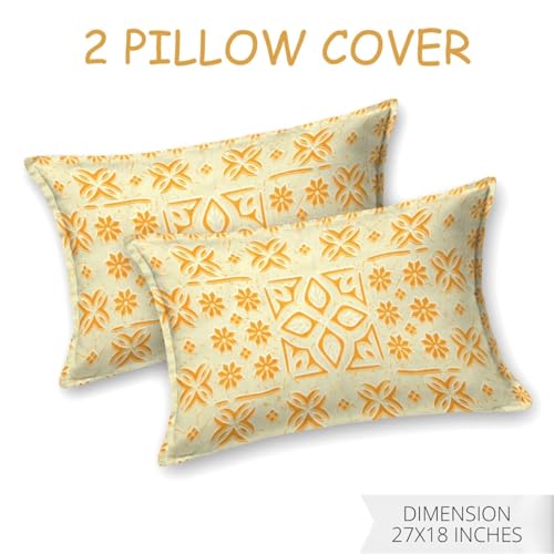 Image of Living Roots Ethnic Jaipur Block Print Double Cotton Bedsheet & 2 Pillow Covers, for Mattress Upto 6 inches Thick, No Colour Bleeding, Yellow Colour, King Size 90 * 108 inches, 120TC (612-A)