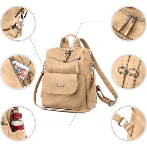 Image of Backpack Purse for Women, PU Leather Backpack Purse, Fashion Travel Anti Theft Backpack, Multipurpose Lightweight Waterproof Convertible Purse Shoulder Bag Handbag, Kakhi