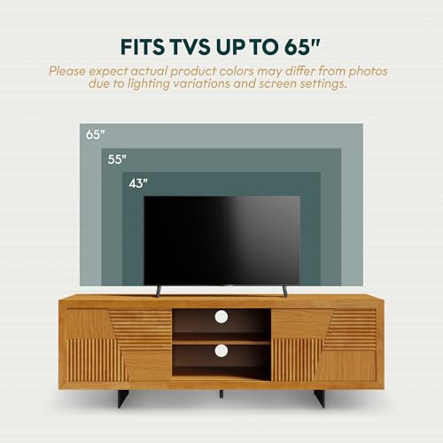 Image of Bme Trapeze TV Stand for Living Room - Wooden Media Console with Storage, Metal Legs, Large Teak Brown TV Stand for Stylish Home Entertainment Setup