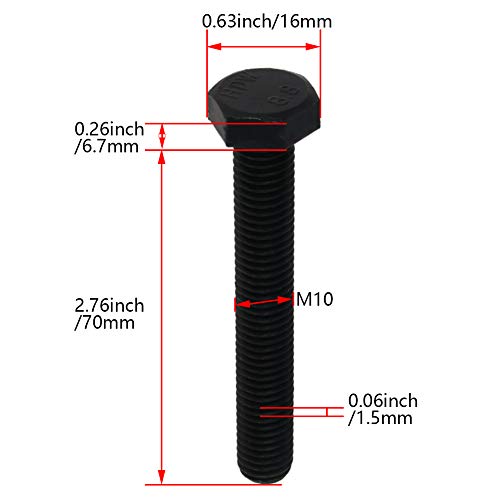 Image of M10x70mm Hex Screws Bolts Carbon Steel Fastener Rustproof Metric Fully Threaded Replace Bolt Black 5PCS