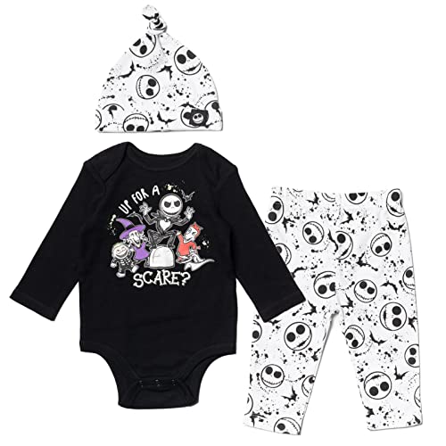 Image of Disney Nightmare Before Christmas Sally Jack Skellington Baby Bodysuit Pants and Hat 3 Piece Outfit Set Newborn to Infant
