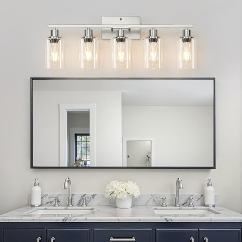 Image of MOKATNG 5-Light Bathroom Light Fixtures, Vanity Light with Clear Glass Shades, Brushed Nickel Bathroom Light Fixtures Over Mirror, Modern Bathroom Wall Lamp for Mirror Living Room Cabinet Bedroom