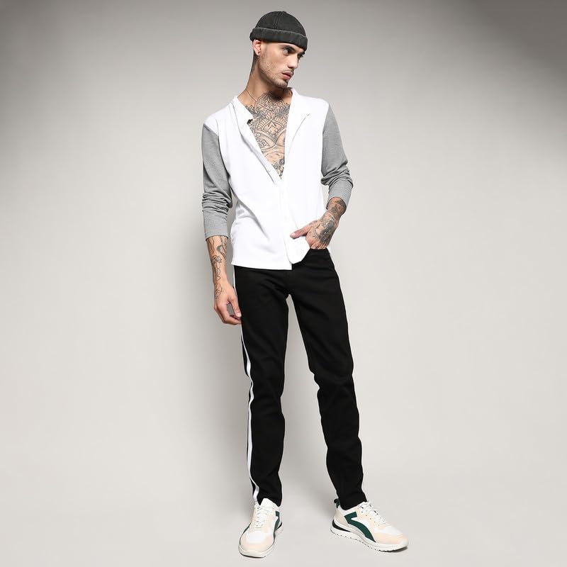 Image of Campus Sutra Men's White & Grey Colourblocked Button Up Regular Fit Regular Fit Shirt for Casual Wear | Cotton Shirt Crafted with Regular Sleeve, Comfort Fit & High-Performance for Everyday Wear