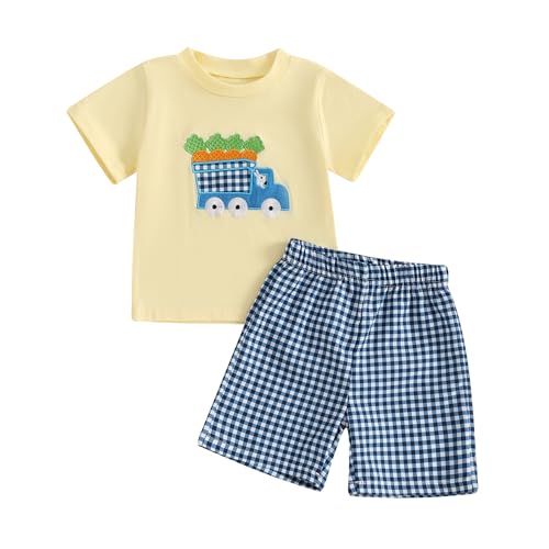 Image of Toddler Baby Boy Easter Rabbit Outfit Short Sleeve Bunny Carrot Smocked T-shirt Elastic Waist Shorts Summer Clothes