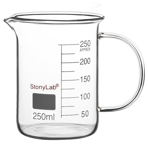Image of stonylab Glass Beaker with Handle, Borosilicate Glass Graduated Low Form Griffin Beaker with Handle and Pouring Spout, 250 ml