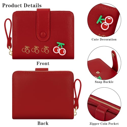 BIAOTIE Cute Wallet Women, Small Leather Bifold Cute Wallet with Zipper Coin Pocket Wallets for Women, Ladies, Female (Cherry Red)4
