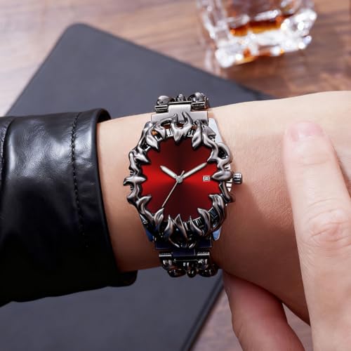 Image of Gothic Watch for Men - Crimson Eclipse, Sunburst Dial Stainless Steel Designer Wrist Watch, Stylish Fashion Watch