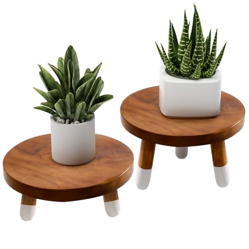 JOLLYMER 9" Round Dip Dyed Teak Plant Stand |Wood Risers